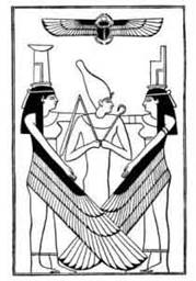 Osiris standing between Isis and Nephthys (public domain image)